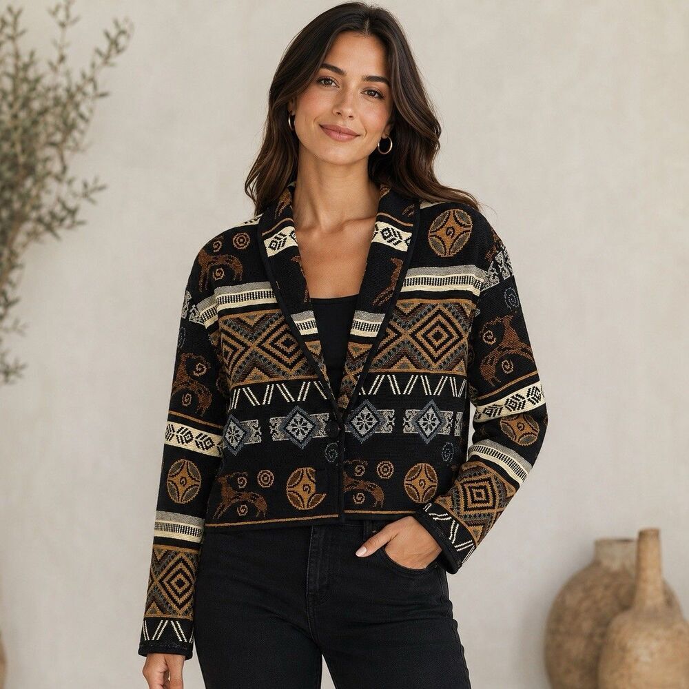 FLASHBACK Tapestry Western Equestrian Horses Patchwork Jacket Women Size L VTG